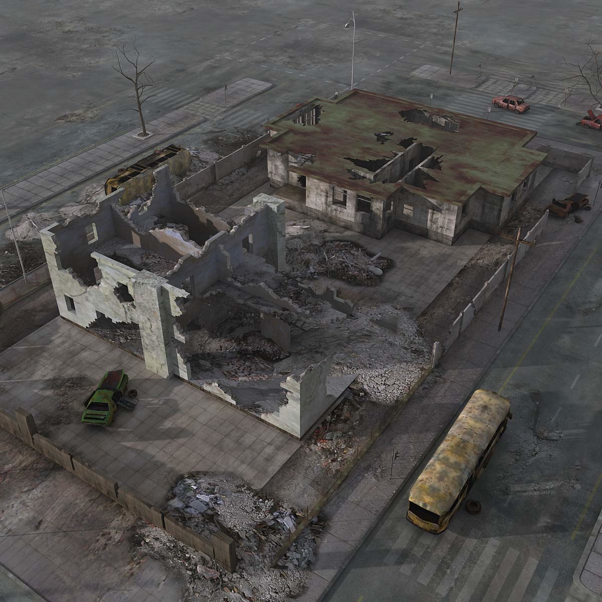 废墟摧毁了建筑城市3d模型