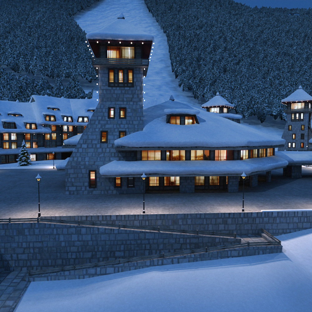 3d mountain town winter