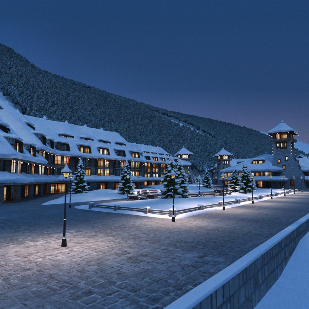 3d mountain town winter