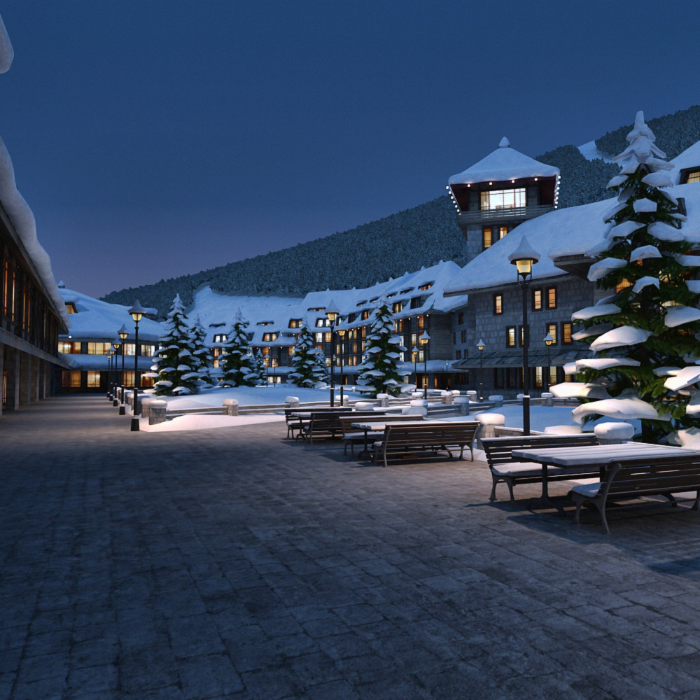 3d mountain town winter