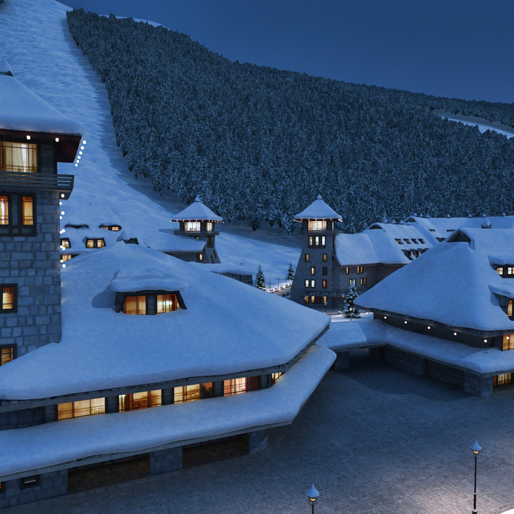 3d mountain town winter