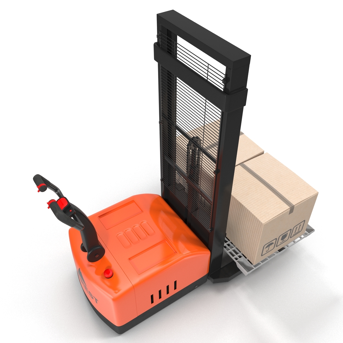 electric walkie stacker with plastic pallet and boxes 3d models