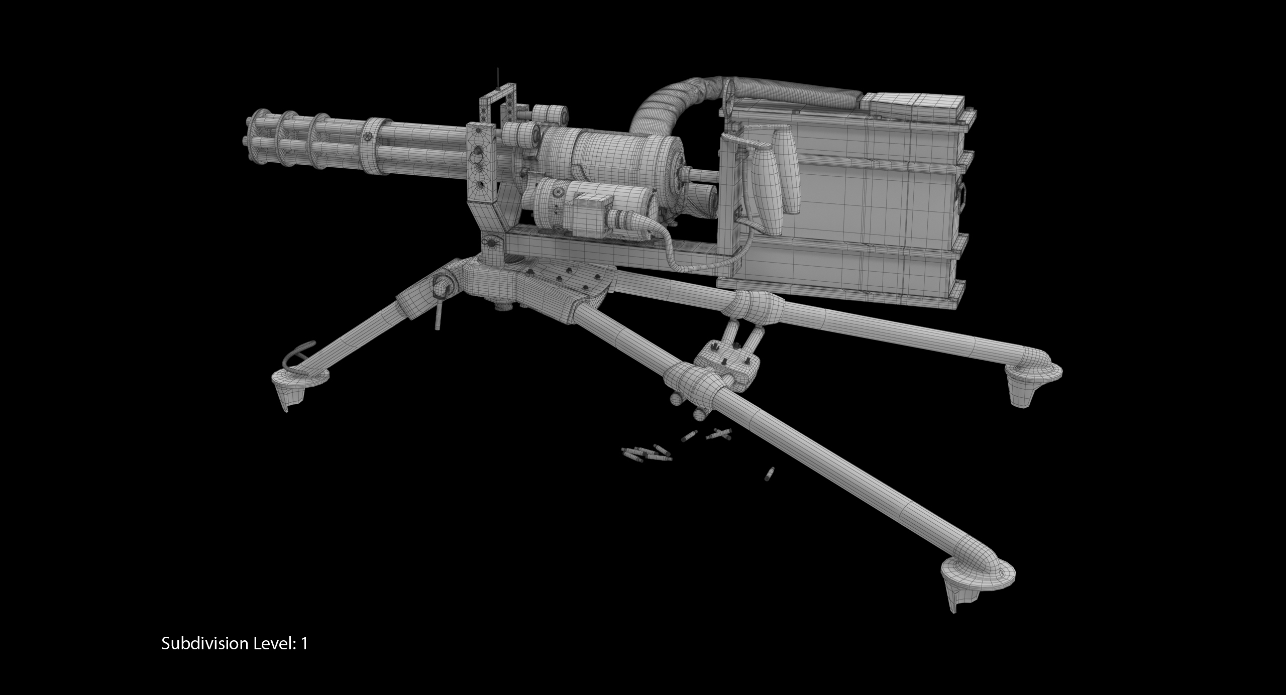 3d m134 minigun tripod mounted and ammo crate dirt