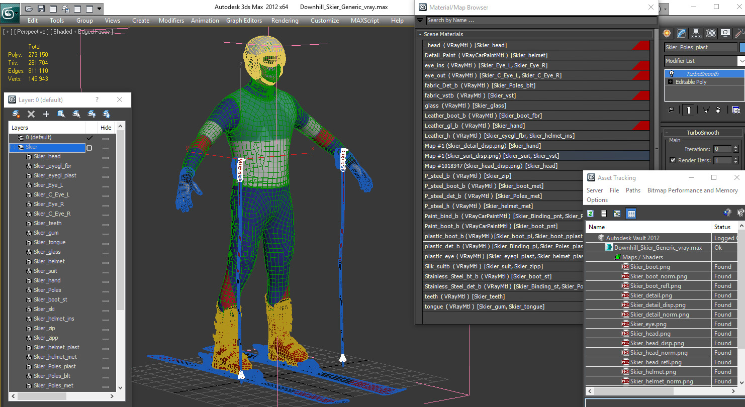 3d model downhill skier generic skis