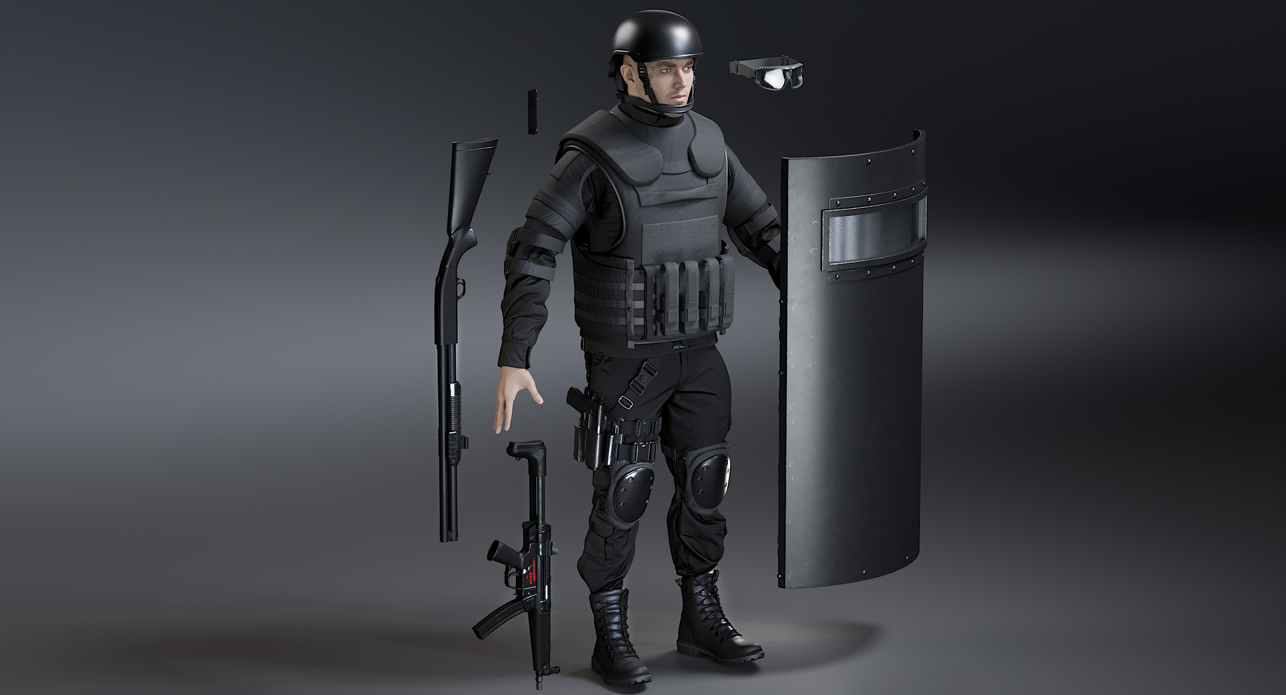 男子特警制服与设备3d模型