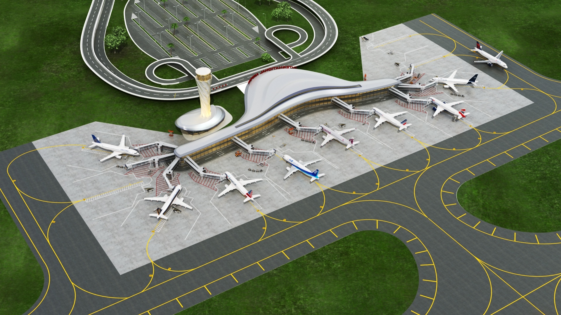 国际机场车辆和飞机-13d模型