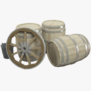 wooden barrels wagon wheel 3D model