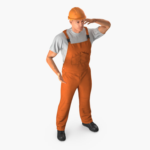3D model worker orange overalls rigged