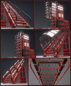 3D model sci-fi ladders stairs red glass