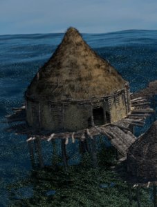 3D prehistoric roofed house wild boar