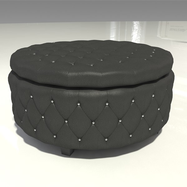 Black Leather Tufted Ottoman 3d, Black Leather Round Tufted Ottoman