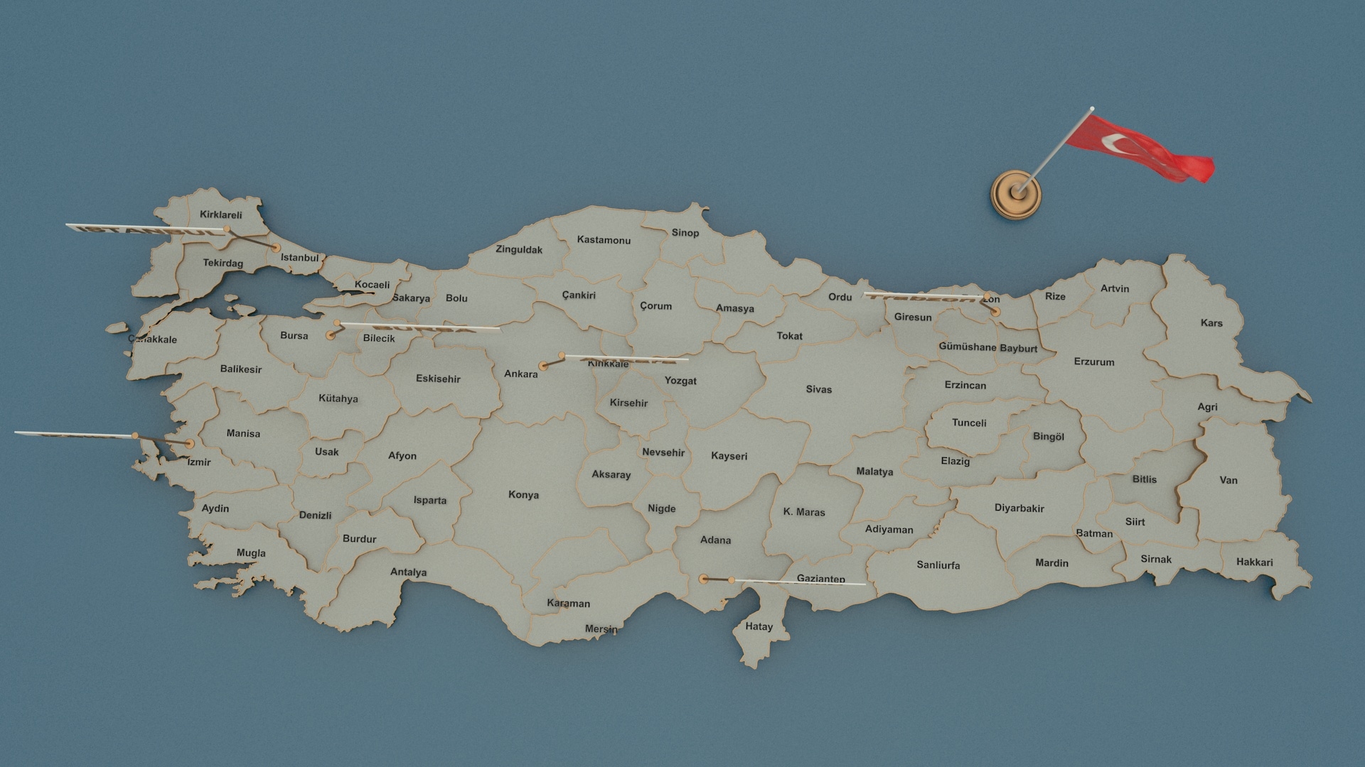 土耳其详细的地图与国旗3d模型