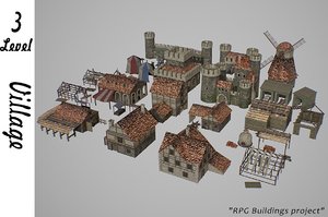 3D medieval village buildings model