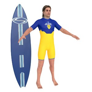 3D model surfer surfing man