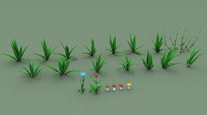 3D model cartoon grass pack flower