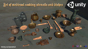 3D medieval cooking utensils dishes