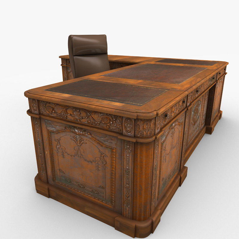 Carved Wood Antique Office Desk 3d Model