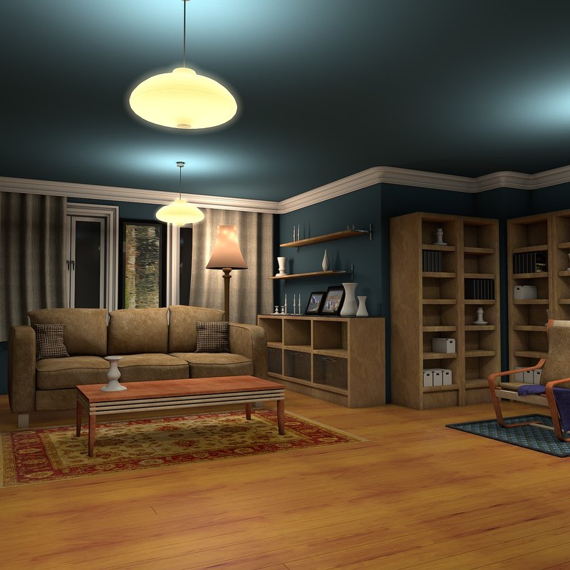 3d luxury living room night interior model