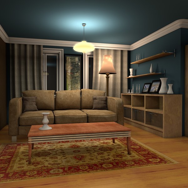 3d luxury living room night interior model