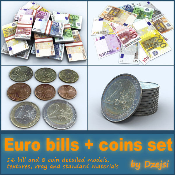 3d set euro coins bills