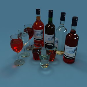 red wine bottles wineglass 3d max