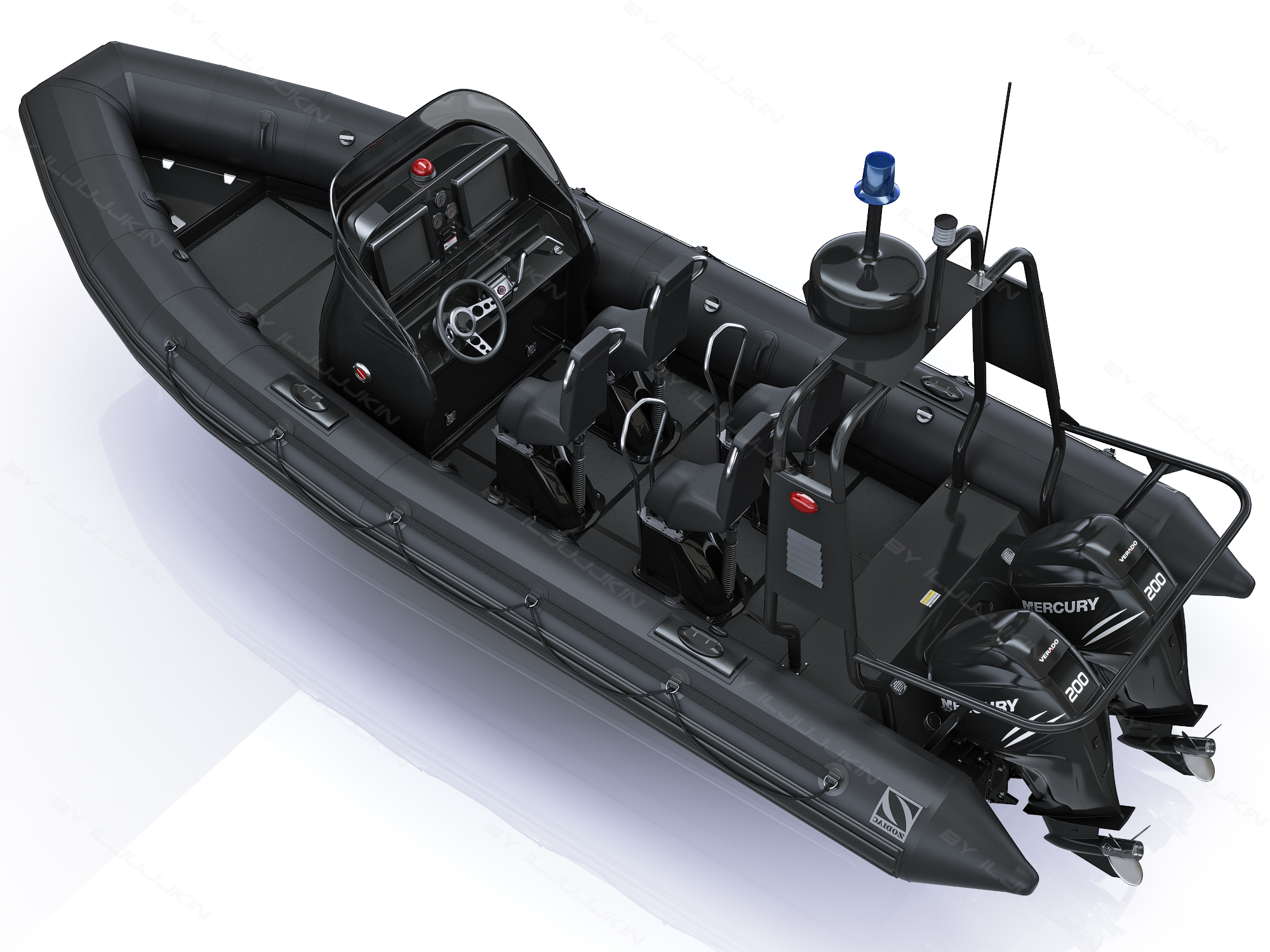 軍用充氣船zodiac和發動機mercury verado 200 rhib3d模型