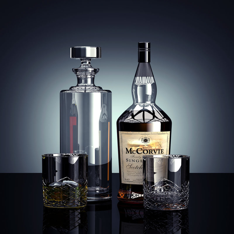 whiskey bottle glasses 3d max
