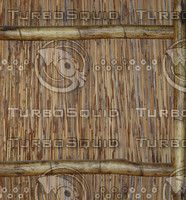 Grass thatch ceiling with support poles.
