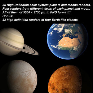 85 Planets and Moons renders. PNG version.