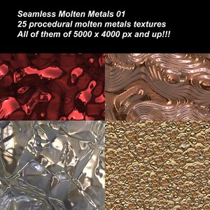 25 High definition procedural molten metals textures. Completely seamless and tileable.