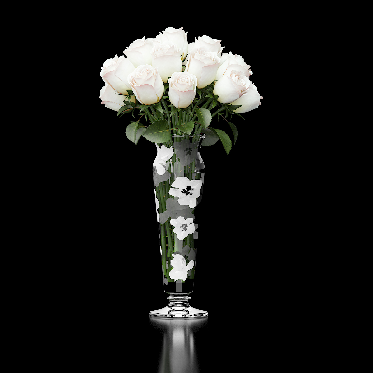 3d Bouquet White Roses Glass Vase