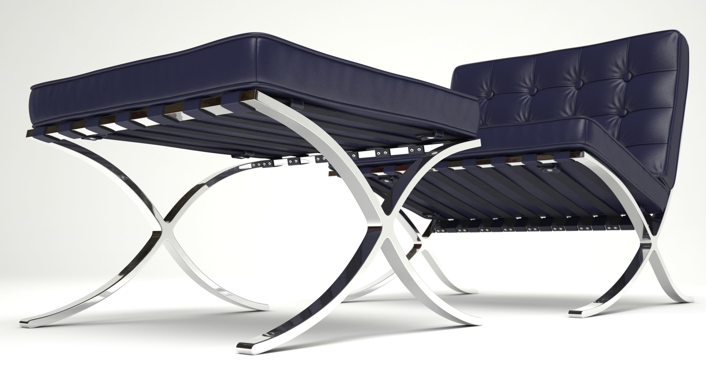 巴塞罗那椅子和凳子(蓝色皮革)3d模型