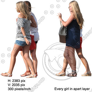 Cut out people for architectural visualisation: group of pretty blond girls (viewed from side) walking on the street