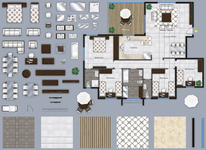 2d furniture floor plans, top-down view. PSD