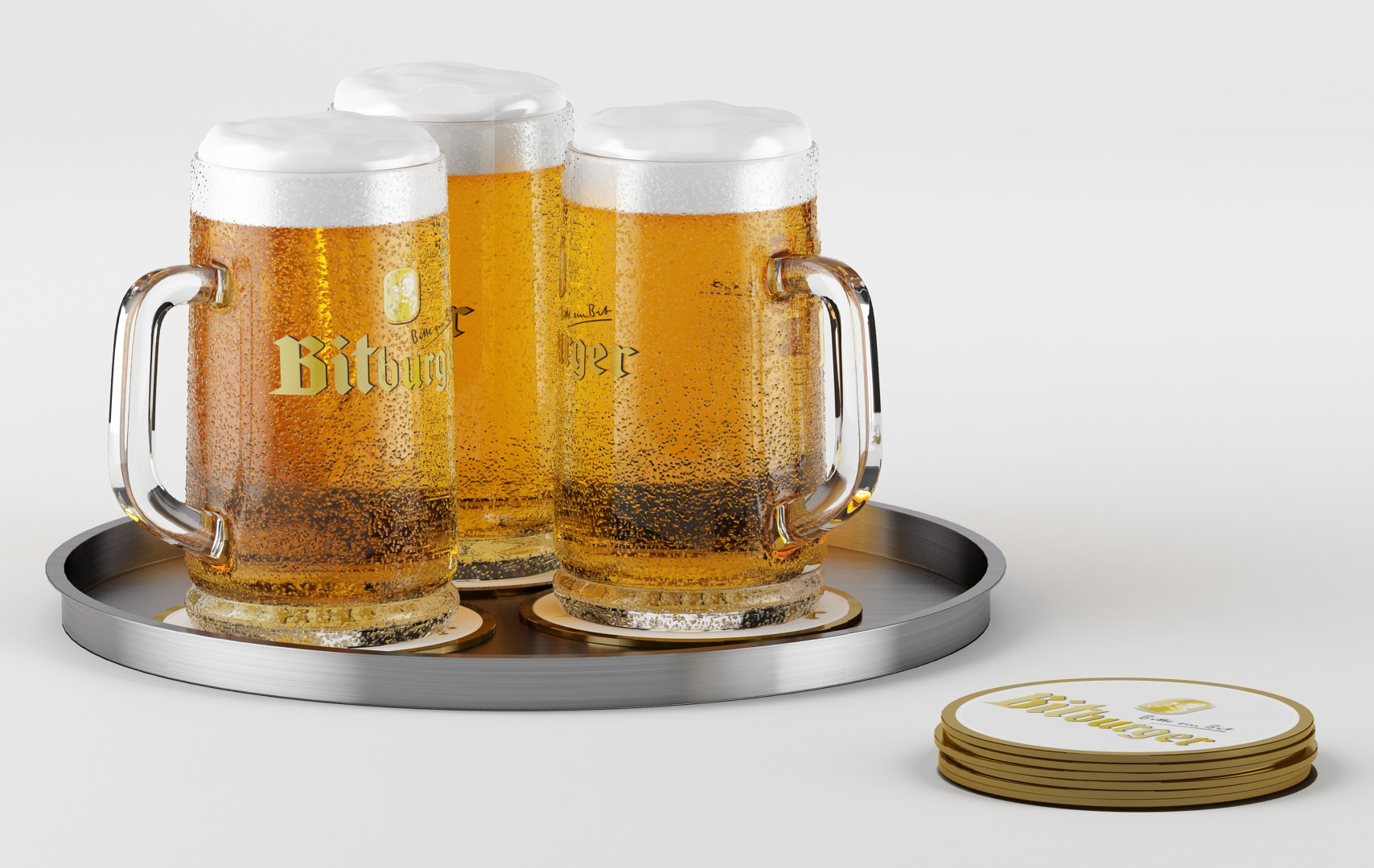 高聚模型准备好酒吧,酒吧或餐厅场景:啤酒塔,啤酒杯,托盘和啤酒垫3d