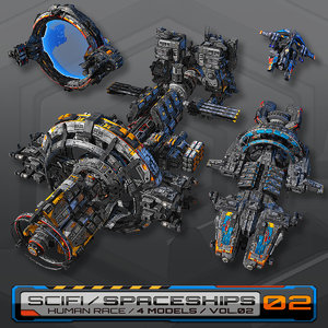 4 spaceships low-res 3d model