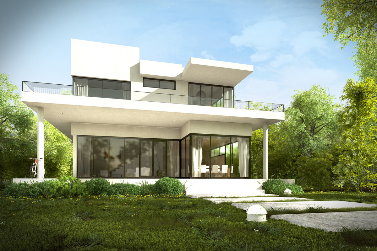 3d modern  house  garden  trees plants