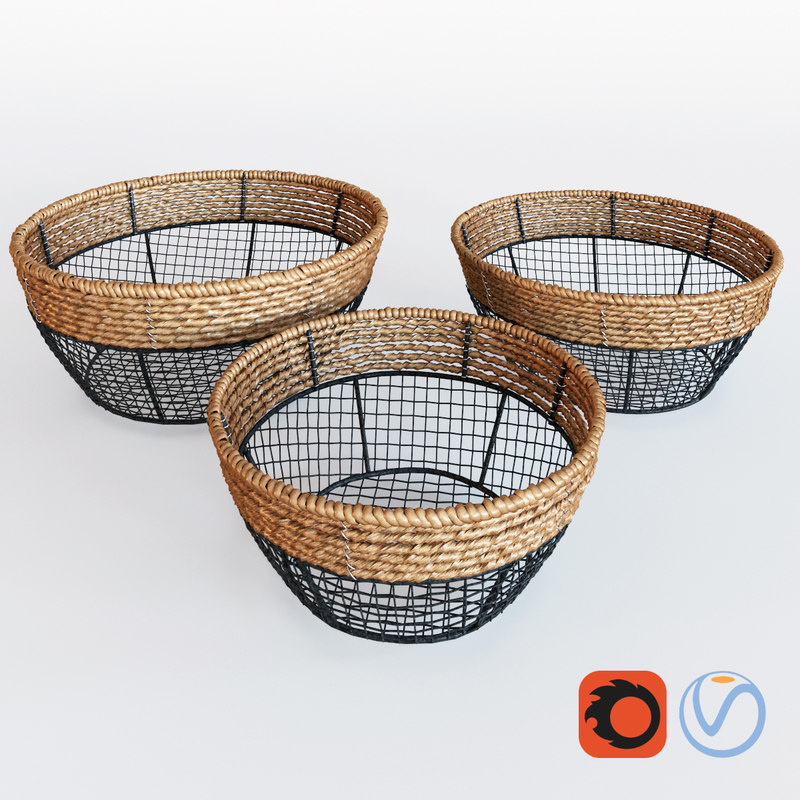 Baskets Iron Seagrass 3d Model Black Iron Wire Round Wide Mouth Basket With Seagrass
