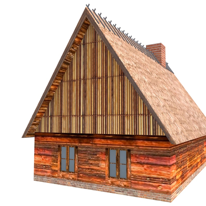  3d  model wood straw roof  house 