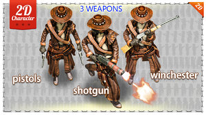 2D Cowboy with 3 Weapons Pack