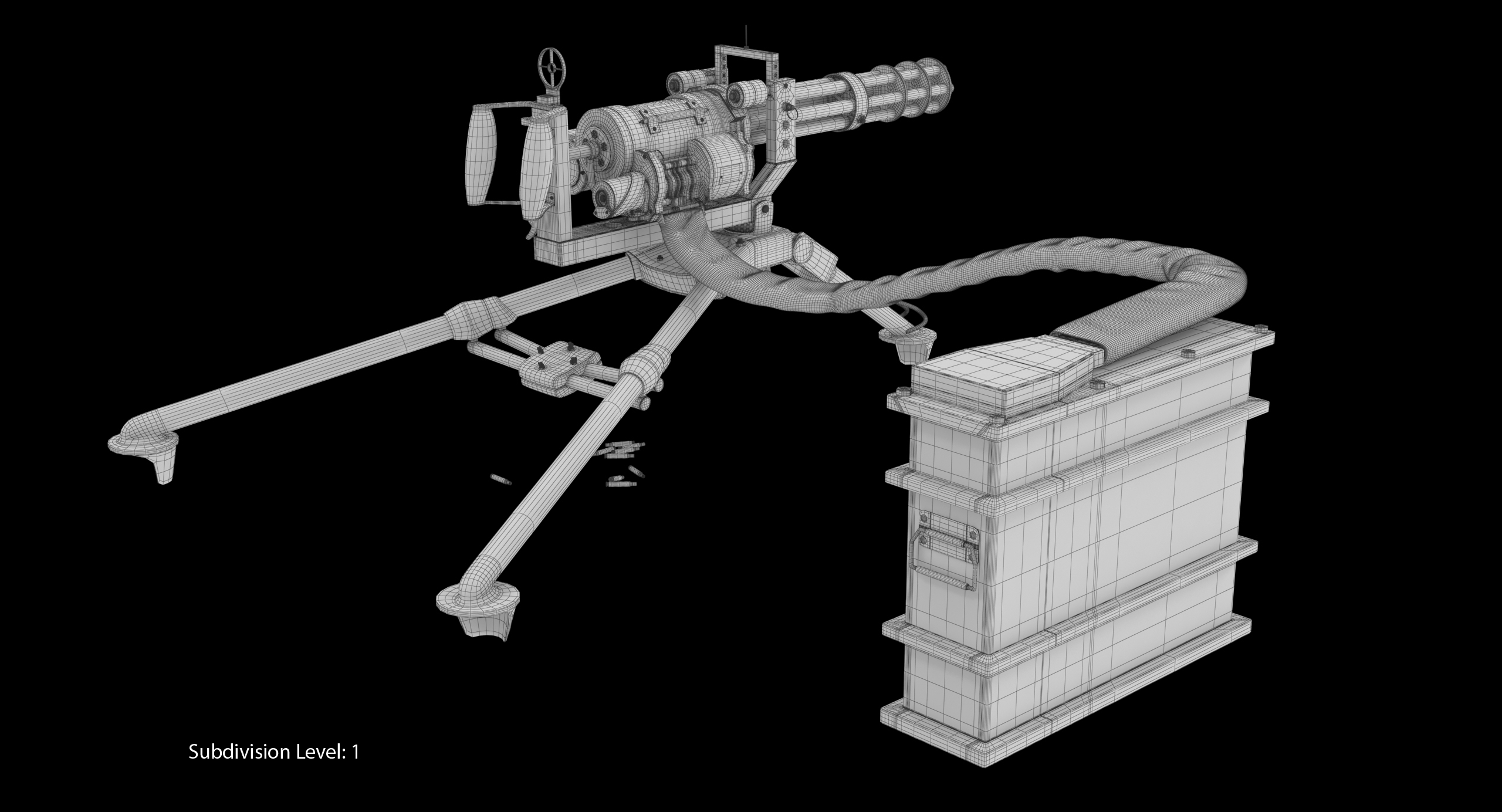 3d m134 minigun tripod mounted and ammo crate dirt