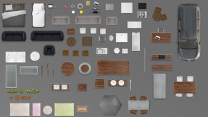 2d furniture floorplan top view PSD 3D model render wood 3D model top view