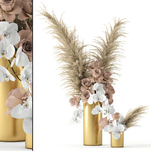 realistic vases roses brass 3D model