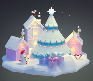 3D model cartoon christmas city snowtree