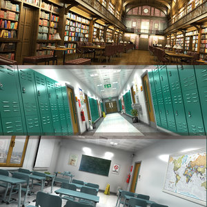 3D library school hallway classroom model