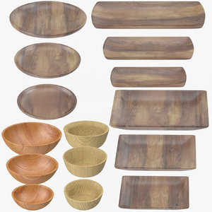 wooden serving plates bowls 3D model