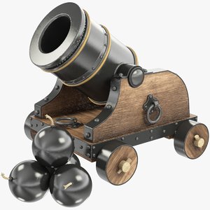 3D old cannon cannonballs model