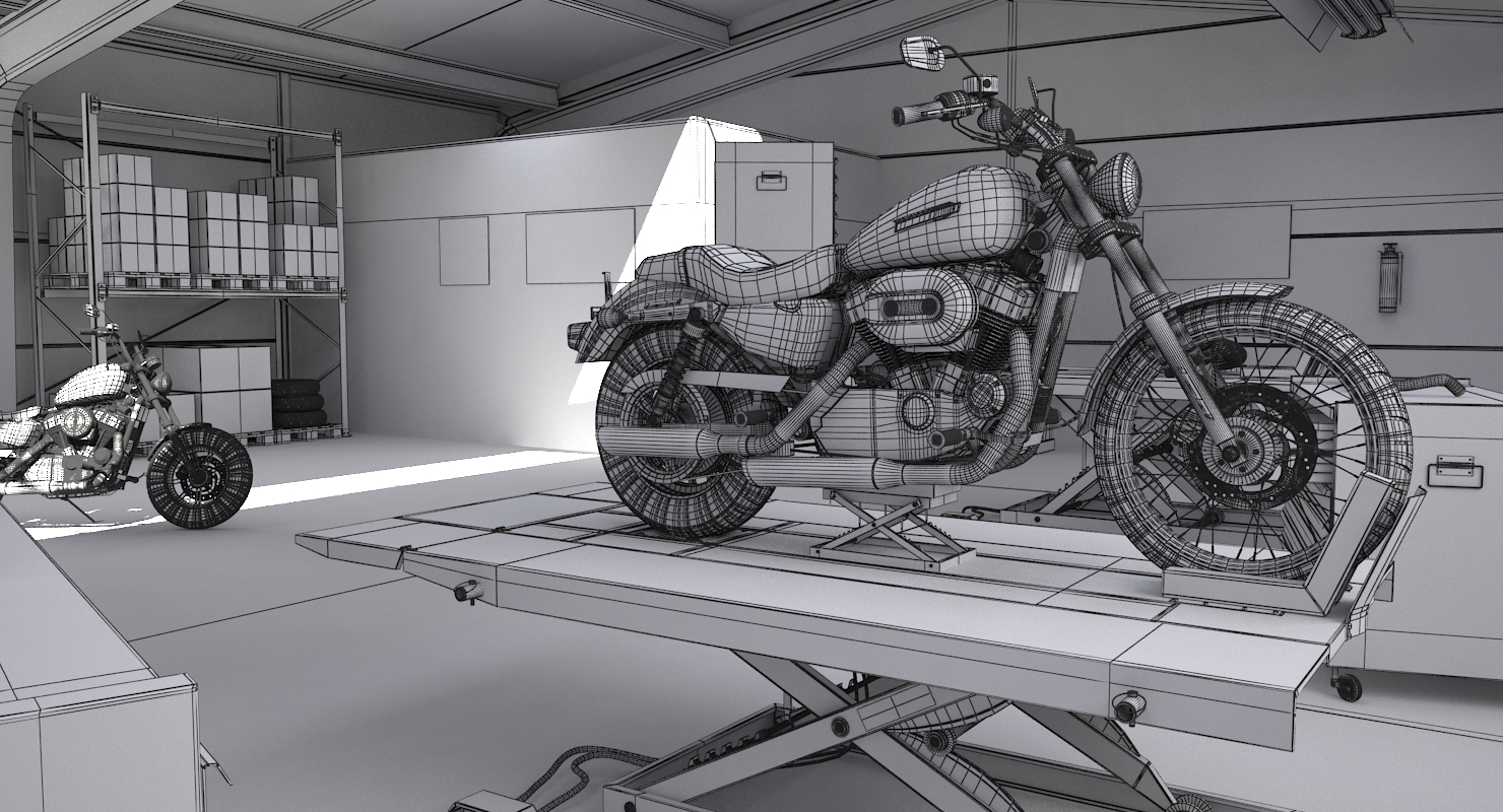 摩托车车库内部3d模型