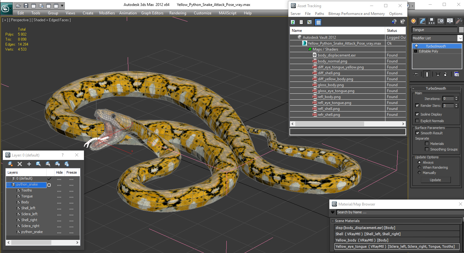 黃色python蛇攻擊姿勢3d模型