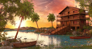3D model sunset river house